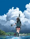  1girl absurdres blue_sky brown_hair cannon cloud cloudy_sky day from_behind fubuki_(kancolle) highres kantai_collection kneehighs machinery ocean outdoors pleated_skirt remodel_(kantai_collection) rigging rudder_footwear scenery school_uniform serafuku skirt sky smokestack solo standing standing_on_liquid torpedo torpedo_launcher torpedo_tubes turret utachy walking walking_on_liquid water 