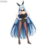  1girl alternate_costume animal_ears artist_name azura_(fire_emblem) bare_shoulders black_bow black_footwear black_leotard black_neckwear blue_hair bow bowtie breasts brown_legwear bunny_ears chocojax cleavage closed_mouth collarbone commentary_request covered_navel eyebrows_visible_through_hair fake_animal_ears fire_emblem fire_emblem_fates hair_between_eyes hand_on_hip high_heels highres leotard long_hair looking_at_viewer medium_breasts navel pantyhose playboy_bunny signature simple_background smile solo very_long_hair white_background wrist_cuffs yellow_eyes 