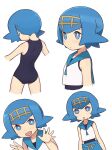  1girl :d :o arms_at_sides ass bangs bare_arms black_swimsuit blue_eyes blue_hair blue_pants blue_sailor_collar bright_pupils closed_mouth commentary_request freckles hairband hands_up highres lana_(pokemon) looking_at_viewer multiple_views no_sclera one-piece_swimsuit open_mouth pants pokemon pokemon_(game) pokemon_sm sailor_collar shirt short_hair simple_background sleeveless sleeveless_shirt smile squid_neetommy swimsuit swimsuit_under_clothes trial_captain wedgie white_background white_pupils white_shirt yellow_hairband 