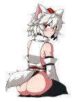  1girl animal_ears ass bare_shoulders blush detached_sleeves formicid from_behind hat highres inubashiri_momiji red_eyes short_hair skirt solo tail tokin_hat touhou white_hair wolf_ears wolf_tail 