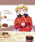  1girl blush cake edelgard_von_hresvelg fire_emblem fire_emblem:_three_houses flower food gloves hair_ornament hair_ribbon highres hiyori_(rindou66) long_hair looking_at_viewer open_mouth ribbon side_ponytail smile solo tea 