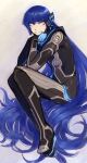  1other absurdly_long_hair androgynous bangs blue_hair bodysuit elbow_rest full_body hand_on_own_chin hand_on_own_face hands_up head_rest headgear highres ittla knees_up leaning_forward light_blush long_hair long_sleeves looking_at_viewer protagonist_(smtv) shin_megami_tensei shin_megami_tensei_v sitting smile solo very_long_hair yellow_eyes 