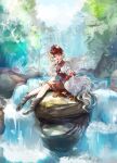  1girl :d absurdres bird bird_wings blonde_hair chamaruku chicken highres light_rays multicolored_hair niwatari_kutaka open_mouth outdoors red_eyes red_hair rooster scenery short_hair sitting smile solo touhou two-tone_hair water waterfall wings 