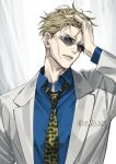  1boy arm_up artist_name blonde_hair blue_shirt collared_shirt dress_shirt formal gearous hand_on_own_head highres jacket jujutsu_kaisen long_sleeves looking_away male_focus nanami_kento necktie parted_lips round_eyewear shirt short_hair solo suit sunglasses upper_body white_background white_jacket white_suit yellow_neckwear 