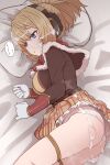  1girl blonde_hair blue_eyes brown_jacket bukkake cum cum_on_clothes cum_on_hair cumdrip facial headphones highres jacket long_sleeves lying megido72 on_bed on_side panties parted_lips pillow ponytail shax_(megido72) sleep_molestation solo_focus sumiyao_(amam) underwear waking_up white_panties 