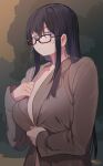  1girl black-framed_eyewear black_hair breasts brown_coat closed_mouth coat glasses hair_between_eyes highres huge_breasts long_hair long_sleeves looking_at_viewer mole mole_under_mouth naked_coat original purple_eyes ryusei_hashida signature solo upper_body 