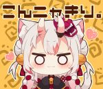  1girl :3 animal_ear_fluff animal_ears bangs bell black_kimono blush brown_background cat_ears cat_girl cat_tail chibi closed_mouth double_bun eyebrows_visible_through_hair hair_bell hair_ornament heart highres hololive horns japanese_clothes jingle_bell kemonomimi_mode kimono long_sleeves looking_at_viewer mask mask_on_head multicolored_hair muuran nakiri_ayame o_o oni oni_horns oni_mask red_hair sleeves_past_fingers sleeves_past_wrists solo streaked_hair tail translation_request two_side_up upper_body virtual_youtuber 