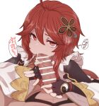  1boy 1girl ahoge bar_censor black_gloves censored character_request cheek_bulge cum cum_in_mouth detached_sleeves fellatio fingerless_gloves gloves hair_between_eyes hair_ornament hetero long_hair long_sleeves looking_at_viewer megido72 oral pov pov_crotch red_eyes red_hair simple_background solomon_(megido72) spoken_squiggle squiggle sumiyao_(amam) tattoo white_background yin_yang 