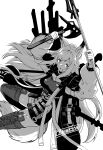  1girl absurdres animal_ears arknights axe bangs breasts brown_hair ceobe_(arknights) dog_ears dog_tail eyebrows_visible_through_hair fang feet_out_of_frame greyscale hair_between_eyes highres holding holding_axe holding_staff jacket long_hair long_sleeves monochrome open_mouth smile solo staff tail thighhighs toxin000x very_long_hair weapon 