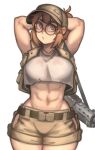  1girl abs absurdres arms_up bangs brown_eyes brown_hair brown_headwear brown_shorts commentary cowboy_shot crop_top crop_top_overhang fio_germi glasses groin gun hat highres kelvin_hiu long_hair metal_slug rifle round_eyewear shirt shorts sidelocks simple_background solo vest weapon white_background white_shirt 