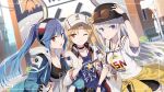  3girls azur_lane bangs bare_shoulders baseball_cap black_choker black_gloves black_hairband black_sports_bra blonde_hair blue_hair blue_jacket blue_shirt blue_sky blush breasts brown-tinted_eyewear choker cleavage cleveland_(azur_lane) cleveland_(road_trip!)_(azur_lane) clothes_around_waist clothes_writing coat collarbone commentary_request cowboy_shot day enterprise_(anniversary_ride)_(azur_lane) enterprise_(azur_lane) essex_(a_trip_down_route_66)_(azur_lane) essex_(azur_lane) eyebrows_visible_through_hair eyewear_on_headwear gloves gotyou gradient_jacket grin hair_between_eyes hairband hat headband headphones headphones_around_neck hood hood_down hooded_jacket jacket jacket_around_waist jewelry large_breasts loading_screen locked_arms long_hair long_sleeves looking_at_viewer midriff multicolored multicolored_clothes multicolored_jacket multiple_girls necklace off-shoulder_shirt off_shoulder official_alternate_costume official_art one_eye_closed one_side_up open_clothes open_jacket open_mouth outdoors parted_bangs parted_lips ponytail purple_eyes red_eyes route_66 shirt sidelocks silver_hair sky small_breasts smile sports_bra standing star_(symbol) sunglasses sweat sweatdrop tinted_eyewear two-tone_gloves viewfinder visor_cap white_coat white_gloves white_headwear white_shirt wristband yamaha 