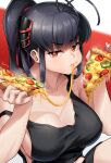  1girl antenna_hair bangs bare_shoulders black_hair black_shorts black_tank_top blush breasts cheese cleavage eating eyebrows_visible_through_hair food hair_ornament hair_ribbon hairclip hawe_king high_ponytail highres large_breasts long_hair orange_eyes original pizza pizza_slice ponytail red_ribbon ribbon shorts sidelocks strap_slip sweat tank_top 