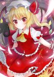  1girl ascot bangs blonde_hair blush closed_mouth commentary crystal disconnected_mouth doko_ka_no_hosono eyebrows_visible_through_hair flandre_scarlet frilled_shirt frilled_shirt_collar frilled_skirt frilled_sleeves frilled_vest frills full_body hair_between_eyes hat hat_ribbon highres laevatein looking_at_viewer medium_hair mob_cap one_side_up puffy_short_sleeves puffy_sleeves red_eyes red_ribbon red_skirt red_vest ribbon shiny shiny_hair shirt short_sleeves skirt smile solo touhou vest white_shirt wings yellow_neckwear 
