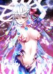  1girl breasts demon_girl fate/grand_order fate_(series) flower halo hands highres kama_(fate) large_breasts long_hair looking_at_viewer lotus lutecia_syndrome red_eyes revealing_clothes very_long_hair white_hair 