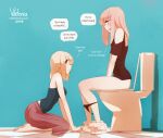  ! 2girls bare_shoulders blonde_hair blush closed_mouth english_commentary english_text eyebrows_visible_through_hair fang feet light_brown_hair little_viktoria multiple_girls open_mouth original speech_bubble toes_up toilet yuri 