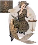  1girl book breasts cleavage cup dress eyeshadow glasses grey_hair highres holding holding_book invisible_chair makeup mermaid monster_girl old old_woman open_book original personification print_dress rinotuna short_hair sitting solo sparkle steam table 
