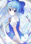  1girl bangs blue_dress blue_eyes blue_hair blush bow cirno closed_mouth commentary cowboy_shot detached_wings disconnected_mouth doko_ka_no_hosono dress eyebrows_visible_through_hair hair_between_eyes hair_bow highres ice ice_wings looking_at_viewer neck_ribbon pinafore_dress puffy_short_sleeves puffy_sleeves red_neckwear red_ribbon ribbon shiny shiny_hair shirt short_hair short_sleeves smile snowflakes solo star_(symbol) touhou white_shirt wings 