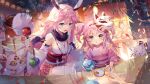  2girls :d animal_ears bare_shoulders benghuai_xueyuan blue_eyes candy_apple cotton_candy festival fish food fox fox_ears fox_mask goldfish highres holding holding_food honkai_(series) honkai_impact_3rd japanese_clothes kimono kneeling long_hair long_sleeves mask mask_on_head multiple_girls official_art open_mouth pink_hair reflection reflective_water smile thighhighs twintails water water_drop white_legwear yae_rin yae_sakura yae_sakura_(gyakushinn_miko) 