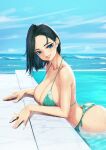  1girl aqua_bikini ass bikini black_hair blue_eyes blueorca breasts cleavage collarbone fingernails forehead highres large_breasts looking_at_viewer mole mole_under_eye nail_polish original parted_lips partially_submerged pool short_hair side-tie_bikini smile swimsuit symbol_commentary wet 