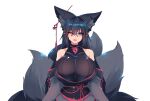  1girl :3 :d animal_ears bangs bare_shoulders black_hair black_sash blue_eyes breasts clothing_cutout crossed_bangs ear_piercing eyebrows_visible_through_hair fangs flower_knot fox_ears fox_tail hair_between_eyes hair_ornament hair_stick hairclip highres huge_breasts kiri_(sub-res) long_hair long_sleeves looking_at_viewer multiple_tails obi one_eye_closed open_mouth original piercing sash shoulder_cutout simple_background smile solo sub-res tail tassel tomoe_(symbol) white_background 