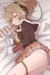  1girl blonde_hair brown_jacket cum cum_on_hair facial headphones highres jacket long_sleeves lying megido72 on_bed on_side panties pillow ponytail shax_(megido72) sleep_molestation sleeping solo_focus sumiyao_(amam) underwear white_panties 