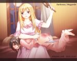  2girls artist_name ass bangs barefoot bed_sheet black_hair blonde_hair bow breasts brown_eyes building clothes_pull collarbone crying crying_with_eyes_open curtains darkness_(konosuba) dated dress dutch_angle english_text fireball_666 frilled_dress frills green_eyes hair_brush hair_over_shoulder hand_grab highres holding_hands kono_subarashii_sekai_ni_shukufuku_wo! legs_up long_hair long_sleeves looking_back lying medium_breasts megumin moon multiple_girls nightgown on_bed on_lap on_stomach open_mouth pajamas panties pants pants_pull panty_pull patterned pillow pink_bow pink_nightgown red_pajamas shiny shiny_hair shirt sitting sitting_on_bed spanked spanking tears teeth underwear white_curtains window 