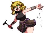  1girl bare_shoulders blonde_hair blood bloody_hands breasts formicid green_eyes hammer looking_at_viewer mizuhashi_parsee nail open_mouth pointy_ears sharp_teeth short_hair simple_background slit_pupils solo tattoo teeth touhou white_background 