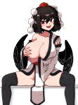  1girl arm_under_breasts bare_shoulders black_hair black_legwear black_wings blush breast_grab breasts fang formicid grabbing hand_on_breast hat highres looking_at_viewer no_panties open_mouth pointy_ears pom_pom_(clothes) red_eyes shameimaru_aya short_hair solo sweat thighhighs tokin_hat touhou wings 