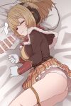  1girl blonde_hair brown_jacket headphones highres jacket long_sleeves lying megido72 on_bed on_side panties pillow ponytail shax_(megido72) sleep_molestation sleeping smelling_penis solo_focus sumiyao_(amam) underwear white_panties 