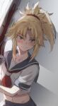  1girl bangs blonde_hair blue_sailor_collar blue_skirt blush braid breasts clarent_(fate) fate/apocrypha fate_(series) french_braid green_eyes hair_ornament hair_scrunchie highres long_hair mordred_(fate) mordred_(fate)_(all) navel neckerchief parted_bangs ponytail sailor_collar school_uniform scrunchie serafuku sidelocks skirt small_breasts sword tonee weapon 