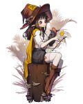  1girl animal animal_on_arm bird bird_on_arm black_hair blush boots brown_eyes brown_footwear brown_hat clothed_animal frilled_shirt frills full_body hat highres long_hair mushroom original outline pointy_ears rinotuna shirt shirt_tucked_in sitting smile solo stick thighhighs white_outline white_shirt white_thighhighs witch_hat 