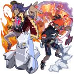  2boys argyle baseball_cap black_footwear black_hair black_hoodie bright_pupils cape champion_uniform charizard commentary_request dark-skinned_male dark_skin duraludon dynamax_band earrings eire_(sai_fuji) facial_hair fire fur-trimmed_cape fur_trim gen_1_pokemon gen_4_pokemon gen_8_pokemon gigantamax gigantamax_charizard gloves gym_leader hat hood hoodie jewelry leggings legs_apart leon_(pokemon) long_hair male_focus multiple_boys parted_lips partially_fingerless_gloves pokemon pokemon_(creature) pokemon_(game) pokemon_swsh purple_hair raihan_(pokemon) red_cape rotom rotom_phone shirt shoes short_hair short_shorts short_sleeves shorts side_slit side_slit_shorts single_glove smile sparkle standing undercut w white_legwear white_pupils white_shorts yellow_eyes 