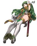  1girl :o artist_name bangs belt boots breasts capelet elbow_gloves fire_emblem fire_emblem:_mystery_of_the_emblem fire_emblem_echoes:_shadows_of_valentia fire_emblem_heroes full_body gloves green_eyes green_hair hand_in_hair highres long_hair open_mouth palla_(fire_emblem) panties pelvic_curtain sbql_(niaunclefan) sheath solo thigh_boots thighhighs thighs underwear white_background 