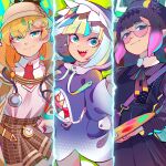  3girls absurdres bangs blonde_hair blue_eyes blue_hair eyebrows_visible_through_hair gawr_gura glasses hair_ornament hat highres hololive hololive_english hood keenbiscuit long_hair long_sleeves monocle_hair_ornament multicolored_hair multiple_girls necktie ninomae_ina&#039;nis open_mouth palette pointy_ears purple_hair red_neckwear sharp_teeth shirt short_hair skirt smile streaked_hair teeth tentacle_hair virtual_youtuber watson_amelia white_shirt 