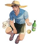  1boy black_hair blue_shirt bottle collared_shirt dog hat highres invisible_chair open_mouth original rinotuna sandals shadow shirt short_hair short_sleeves shorts simple_background sitting solo white_background white_dog white_shorts yellow_headwear 