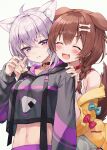  2girls :d ^_^ animal_ears black_jacket bone_hair_ornament brown_hair cat_ears closed_eyes doggystyle hair_ornament highres hololive inugami_korone jacket midriff multiple_girls myung_yi navel nekomata_okayu open_mouth purple_hair sex sex_from_behind short_hair smile upper_body virtual_youtuber 