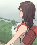  1girl a1 backpack bag bare_shoulders breasts brown_eyes brown_hair bush cleavage dutch_angle fence from_behind ichijou_hotaru large_breasts looking_ahead medium_hair non_non_biyori randoseru solo tank_top 