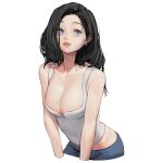  1girl black_hair blue_eyes breasts cleavage cowboy_shot earrings highres jewelry large_breasts long_hair midriff original parted_lips rinotuna shadow simple_background smile solo white_background 