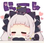  1girl :3 animal animal_ear_fluff animal_ears animal_on_head bangs black_bow black_cat blush_stickers bow cat cat_ears cat_girl cat_tail chibi closed_eyes closed_mouth facing_viewer grey_hair hair_bow heart hololive long_hair long_sleeves murasaki_shion muuran on_head simple_background sleeves_past_fingers sleeves_past_wrists solo tail tail_raised translation_request twintails twitter_username virtual_youtuber white_background 
