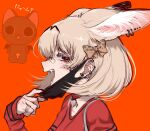  1girl alternate_costume animal_ear_fluff animal_ears bandaid bandaid_on_nose bangs black_eyes blonde_hair bow choker ear_piercing extra_ears fangs from_side hair_between_eyes hair_bow heart heart_choker highres jewelry kemono_friends long_sleeves looking_at_viewer mask mask_pull mouth_mask notora open_mouth orange_background piercing portrait red_choker ring serval_(kemono_friends) serval_ears short_hair simple_background solo teeth 