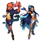  1boy 1girl aqua_eyes arm_up belly_chain bike_shorts black_footwear black_hair black_hoodie blue_eyeshadow blue_hair commentary dark-skinned_female dark-skinned_male dark_skin dive_ball dynamax_band earrings eyelashes eyeshadow gen_4_pokemon gloves gotdok grin gym_leader hair_bun highres holding holding_phone holding_poke_ball hood hoodie hoop_earrings jewelry long_hair makeup multicolored_hair necklace nessa_(pokemon) parted_lips partially_fingerless_gloves phone poke_ball pokemon pokemon_(game) pokemon_swsh raihan_(pokemon) rotom rotom_phone sandals shoes short_hair shorts side_slit side_slit_shorts single_glove smile standing teeth two-tone_hair ultra_ball undercut white_footwear 