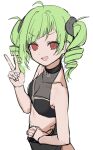  1girl :d absurdres bangs bare_arms bare_shoulders breasts cleavage collarbone covered_collarbone delruki delutaya diagonal_bangs drill_hair eyebrows_visible_through_hair fang from_side green_hair hand_on_hip hand_up highres indie_virtual_youtuber looking_at_viewer looking_to_the_side navel open_mouth red_eyes simple_background sketch small_breasts smile solo syhan twin_drills twintails v virtual_youtuber white_background 