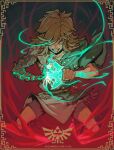  1boy angry artist_name blonde_hair blood blood_from_mouth blue_eyes clenched_teeth glowing glowing_eye glowing_hand glowing_weapon highres hylian_crest link looking_at_viewer messy_hair pointy_ears richard_carey shorts single_bare_shoulder sword teeth the_legend_of_zelda the_legend_of_zelda:_breath_of_the_wild the_legend_of_zelda:_breath_of_the_wild_2 weapon 