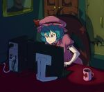  :| bat_wings blue_hair bow chair closed_mouth coffee_mug commentary_request computer computer_tower cup dark desk door dress fang hat hat_bow hat_ribbon indoors keyboard_(computer) leaning_forward looking_down manatsu_no_yo_no_inmu mob_cap monitor mouse_(computer) mug painting_(object) pink_dress puffy_short_sleeves puffy_sleeves red_bow red_eyes red_ribbon remilia_scarlet ribbon screen_light sekiyu_(spartan) short_hair short_sleeves sitting slit_pupils touhou tsurime v-shaped_eyebrows wardrobe wings yajuu_senpai 