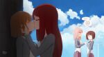  4girls blonde_eyelashes blonde_hair blue_eyes brown_hair closed_eyes cloud english_commentary english_text envy eyebrows_visible_through_hair fence green_eyes heart kiss little_viktoria multiple_girls original pink_hair red_hair rooftop sky speech_bubble yuri 