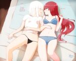  2girls bra cameltoe english_commentary english_text eye_contact eyebrows_visible_through_hair green_hair little_viktoria looking_at_another multiple_girls navel open_mouth original pillow red_eyes red_hair underwear white_hair yuri 