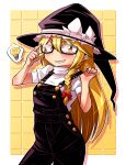  1girl alternate_costume black_overalls blonde_hair blush eyebrows_visible_through_hair glasses kirisame_marisa light_bulb long_hair looking_at_viewer open_mouth overalls shimizu_pem shirt short_sleeves smile touhou white_shirt yellow_eyes 