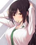  1girl adjusting_hair arms_behind_head bangs black_hair blush breast_pocket breasts collared_shirt eyebrows_visible_through_hair green_neckwear hair_tie hand_in_hair high_ponytail highres idolmaster idolmaster_shiny_colors k-chitsu large_breasts light_particles long_hair long_sleeves looking_at_viewer mouth_hold necktie pocket shirase_sakuya shirt sidelocks smile solo upper_body white_shirt yellow_eyes 