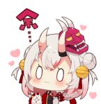  0_0 1girl :3 bangs bell black_kimono blush chibi closed_mouth double_bun eyebrows_visible_through_hair grey_hair hair_bell hair_ornament heart holding hololive horns japanese_clothes jingle_bell kimono long_sleeves mask mask_on_head multicolored_hair muuran nakiri_ayame oni oni_horns oni_mask red_hair shiranui_(nakiri_ayame) simple_background sleeves_past_fingers sleeves_past_wrists streaked_hair translation_request twitter_username two_side_up virtual_youtuber white_background wide_sleeves 
