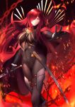  1girl armored_boots black_bodysuit bodysuit boots cape collared_cape fate/grand_order fate_(series) hair_over_one_eye highres lanceralter1 oda_nobunaga_(fate) oda_nobunaga_(fate)_(all) oda_nobunaga_(maou_avenger)_(fate) oda_uri popped_collar red_cape red_eyes red_hair smile solo 
